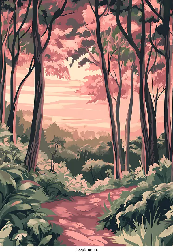 Pink Sunset Through Trees Forest Path