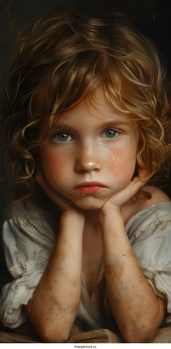 Portrait of a young girl with freckles and green eyes