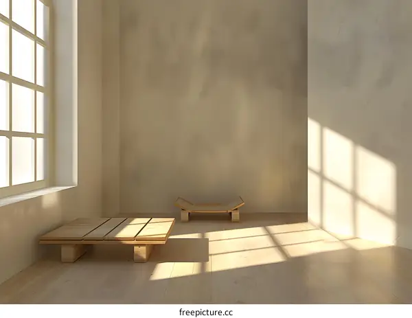 Simple Minimalist Room Interior Design with Wooden Furniture and Sunlight