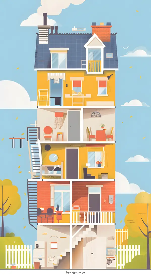 Cut Away View of a Yellow House with a Balcony