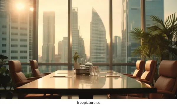 Modern Conference Room with Glass Windows and City Skyline View