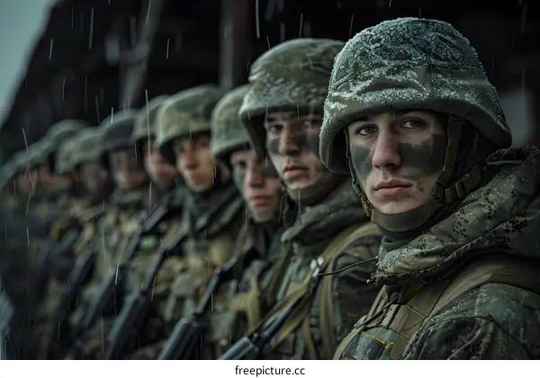 Camouflaged soldiers standing in a row in the rain