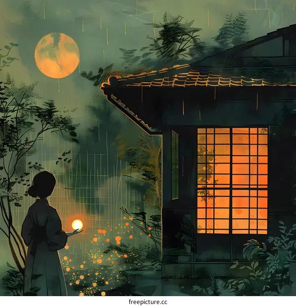 A woman in a kimono standing in the rain at night, holding a glowing ball of light