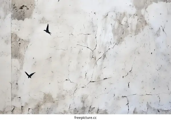 Two Black Birds Flying in Front of White Concrete Wall with Cracks