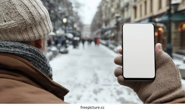 Winter City Street Scene with Smartphone Display