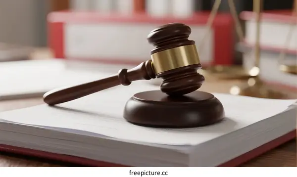 A wooden gavel resting on an open legal book