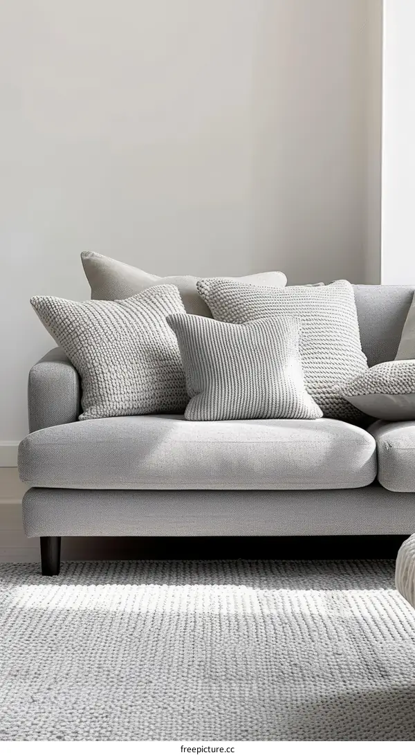 A minimalist living room with a gray couch and white pillows