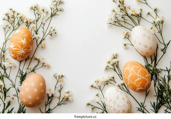 Easter Eggs with Flowers on a White Background