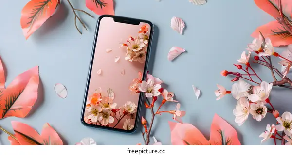 Flowers on Smartphone Screen with Pink and White Flower Petals