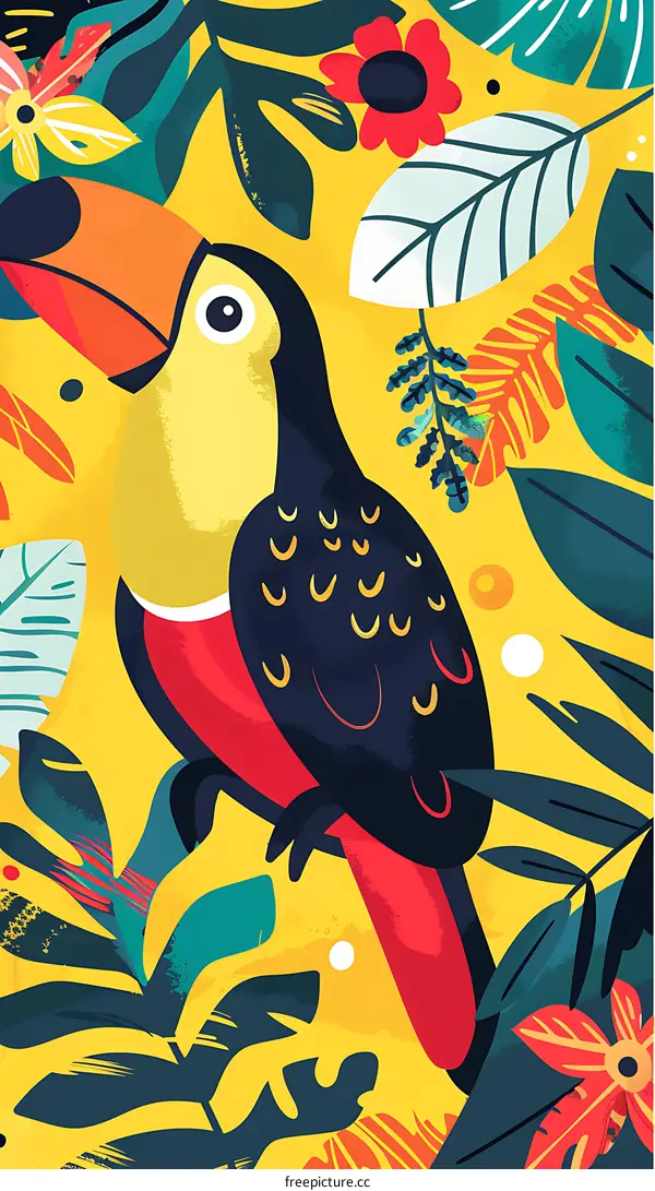 Tropical Toucan Bird Illustration With Flowers and Leaves