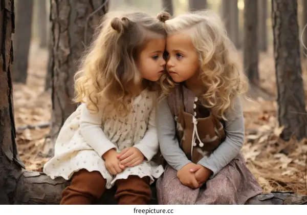 Two little girls sitting on a log in the woods
