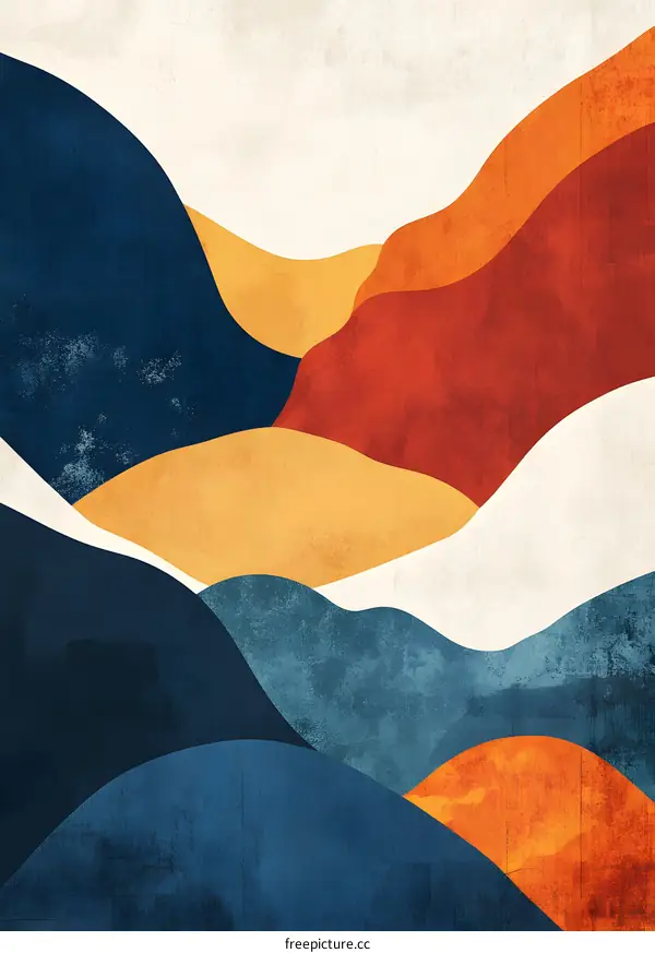 Abstract Mountain Landscape Illustration with Blue, Yellow, Orange and Red Colors