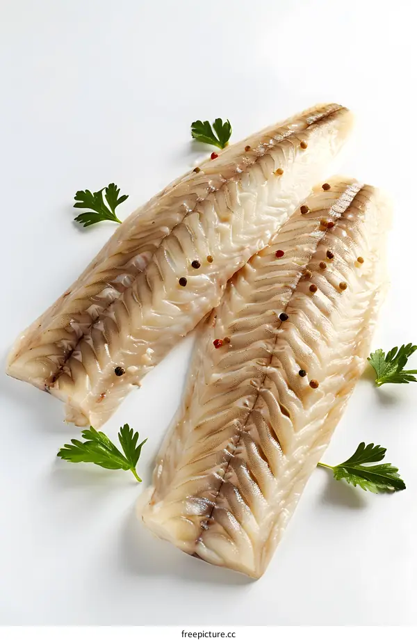 Two Pieces of Raw Fish with Peppercorns and Parsley