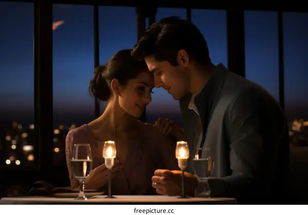 A romantic dinner for two at a restaurant with a view of the city lights