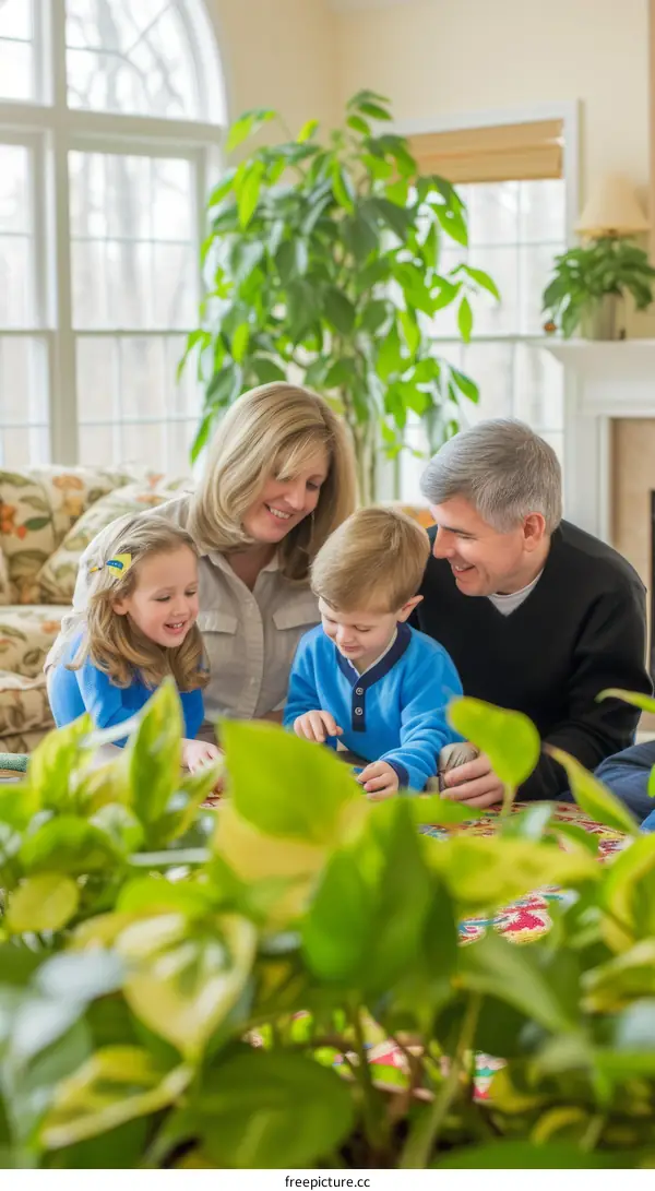 Happy family playing on the floor in living room