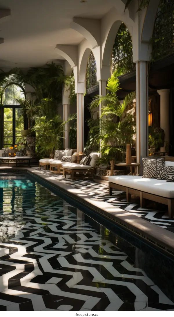 Luxury Geometric Pool with Lush Greenery and White Loungers