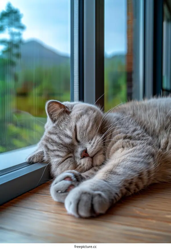 A cute gray cat is sleeping on the wooden floor in front of the floor-to-ceiling windows.