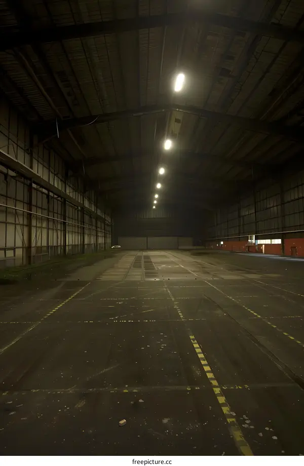 Empty Industrial Hangar with Lights