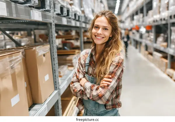 Smiling Woman in a Warehouse Setting