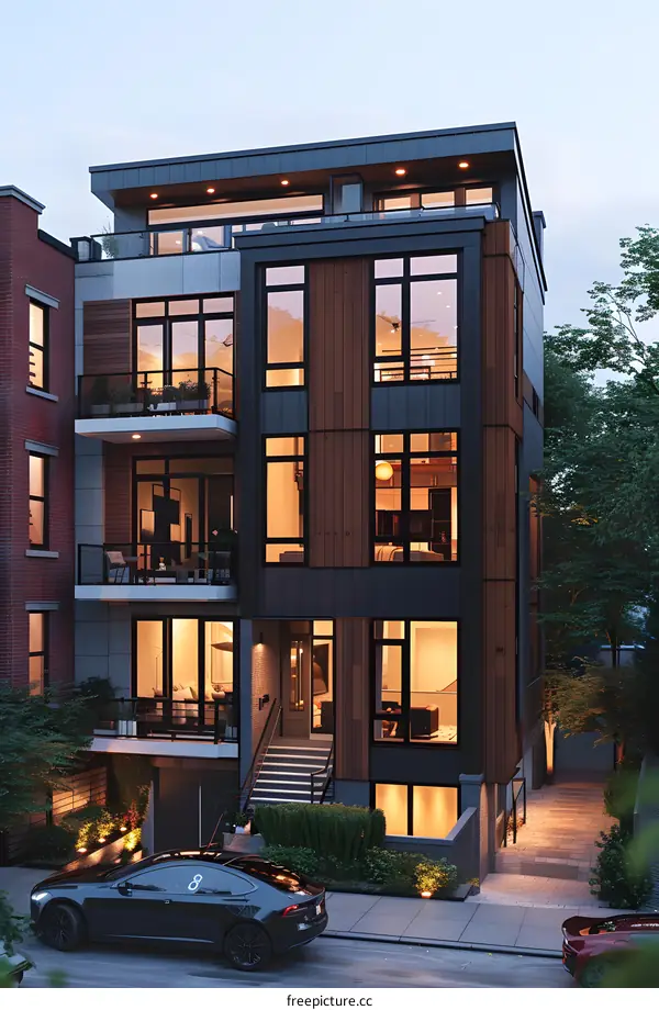 A rendering of a modern townhome with a black exterior and large windows
