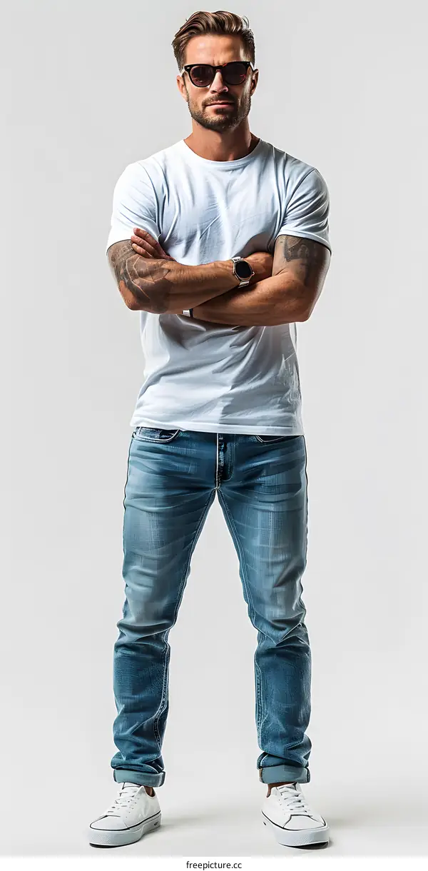 Man Wearing White T-Shirt and Blue Jeans