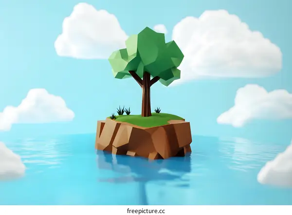 Low Poly Tree on an Island with Blue Sky