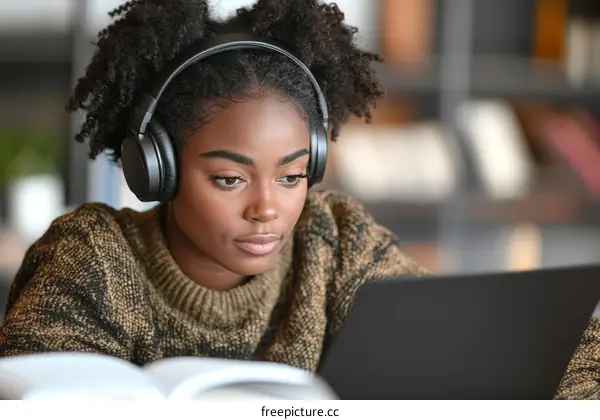 Focused Young Woman Studying with Headphones