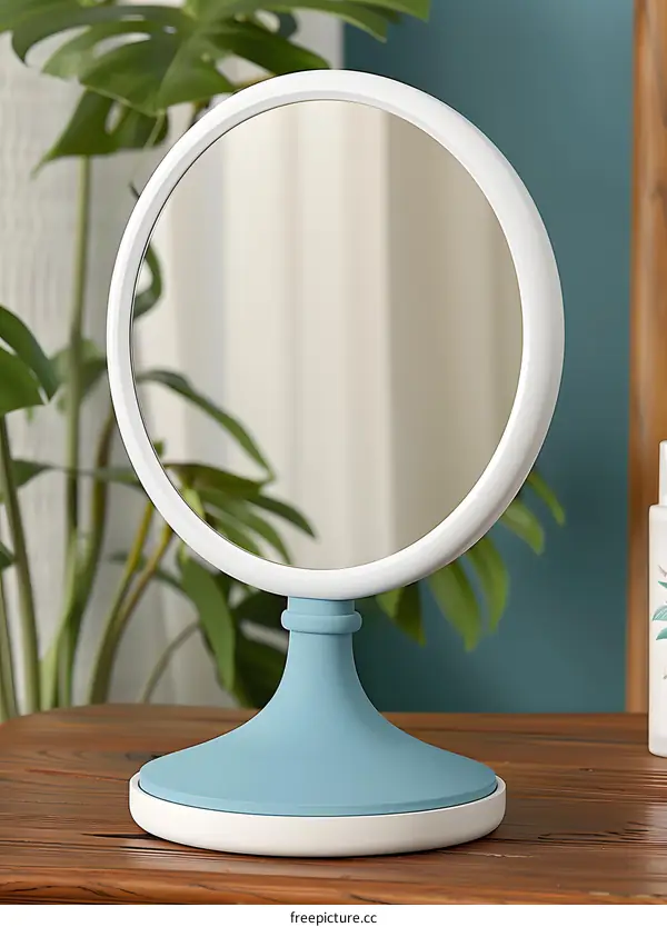 Round Makeup Mirror with Blue Stand and White Frame