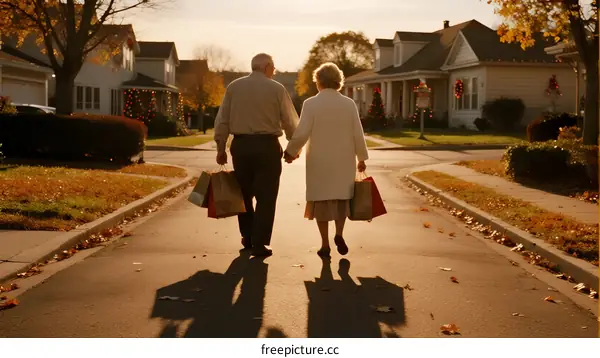 Elderly couple walking hand in hand down a quiet suburban street