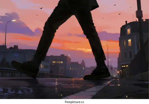 Silhouette of a person walking on a city street at sunset
