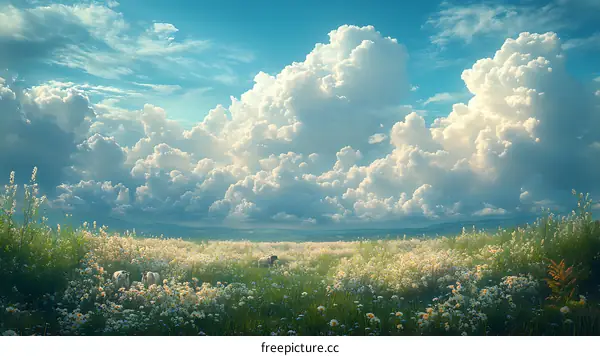 Beautiful Summer Meadow with Fluffy Clouds