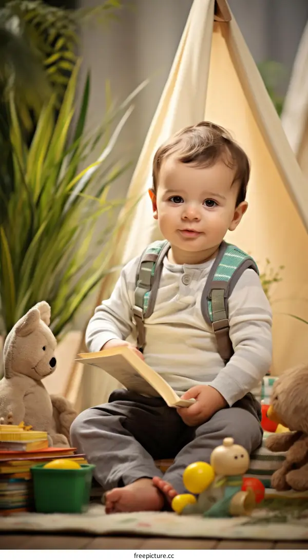 Toddler boy sitting in a teepee reading a book