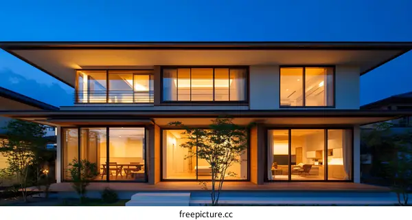 Modern Japanese House with Large Windows and a Deck