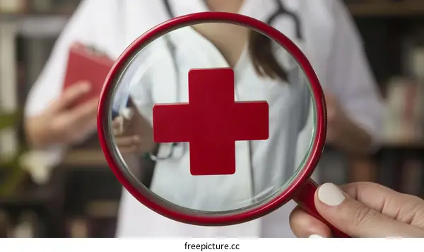 Medical Red Cross Symbol Examined Through Magnifying Glass
