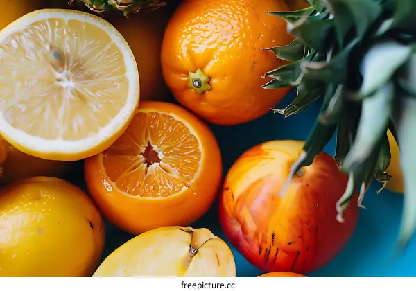 Fresh Citrus Fruits On A Blue Background