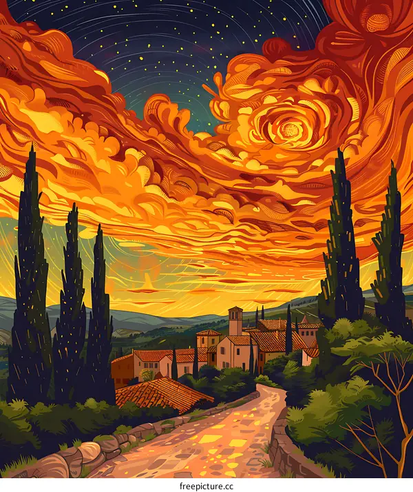 Sunset Landscape with Abstract Clouds and Village