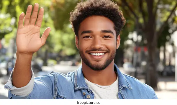 Friendly Black Man Waving Hand Outdoors