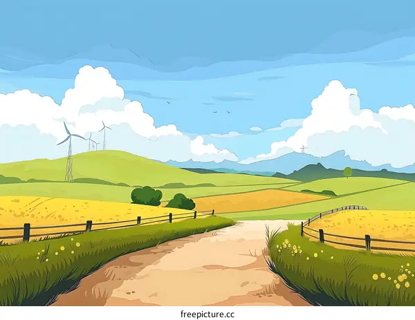 Countryside Landscape with Wind Turbines