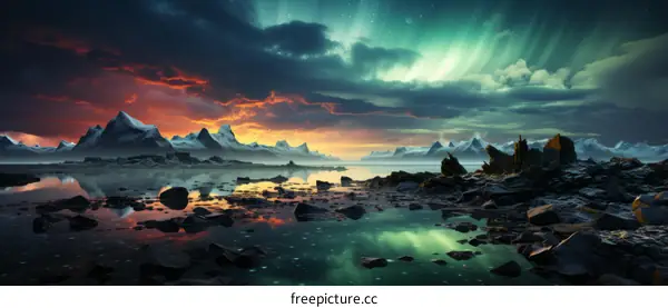 Rocky Mountains in Norway under Aurora