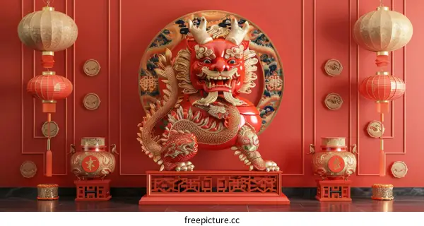 3D Render of Traditional Chinese Lion Statue with Lanterns and Vases