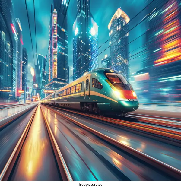 High-Speed Train Blur Through Modern City Lights