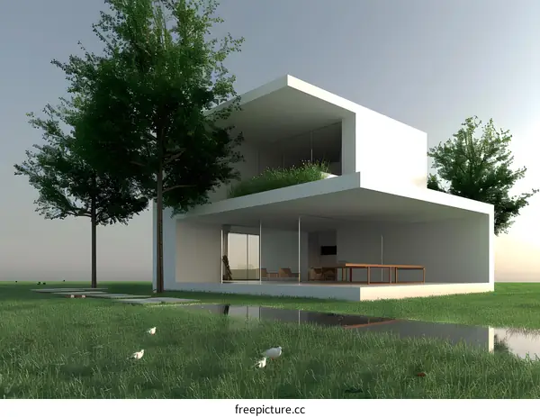 Modern Minimalist House with Pond and Trees