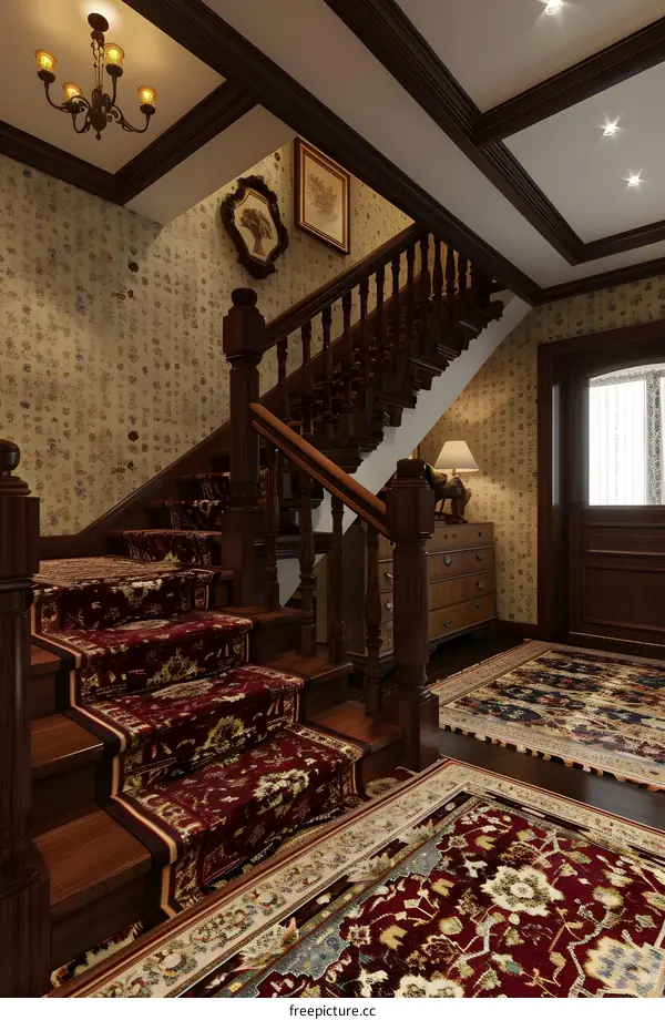 Staircase Interior Design with Wooden Railing and Red Carpet