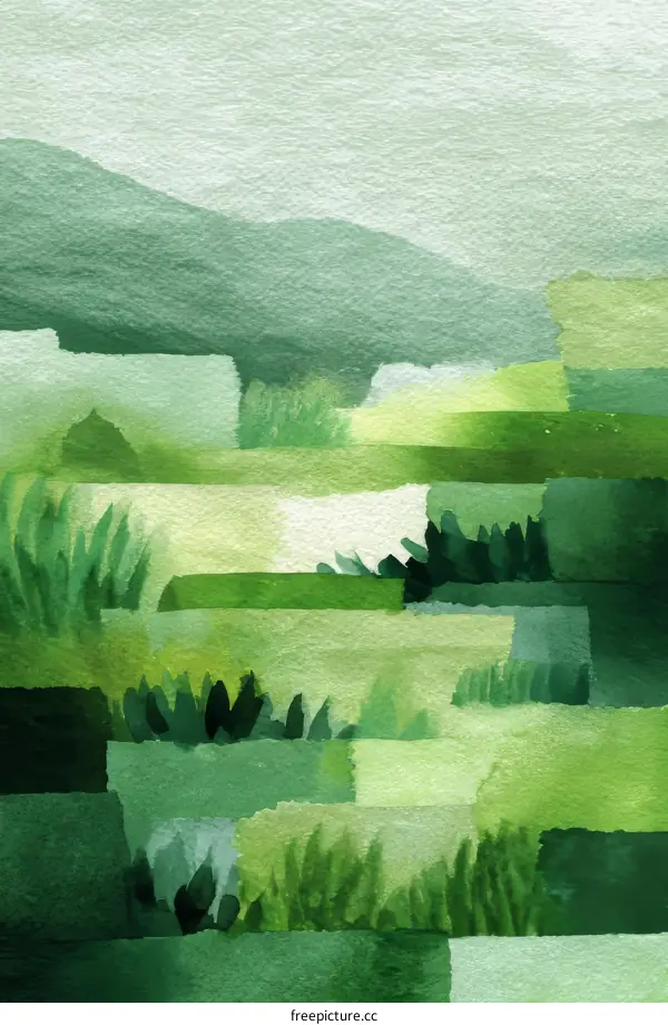 Abstract Watercolor Landscape Painting of Green Hills