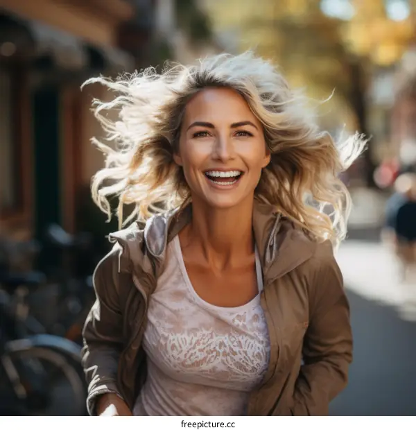 Portrait of a Blonde Woman Smiling and Running