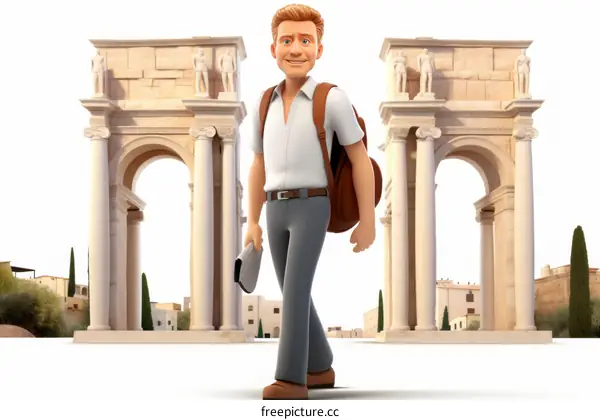 Male tourist with backpack walking through ancient Roman ruins