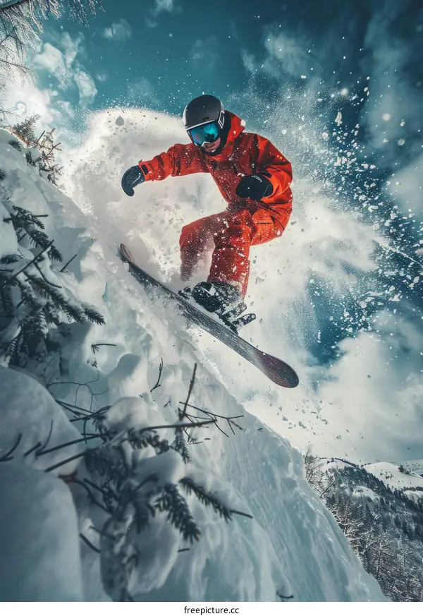 Young male snowboarder jumping off a snowy mountain cliff