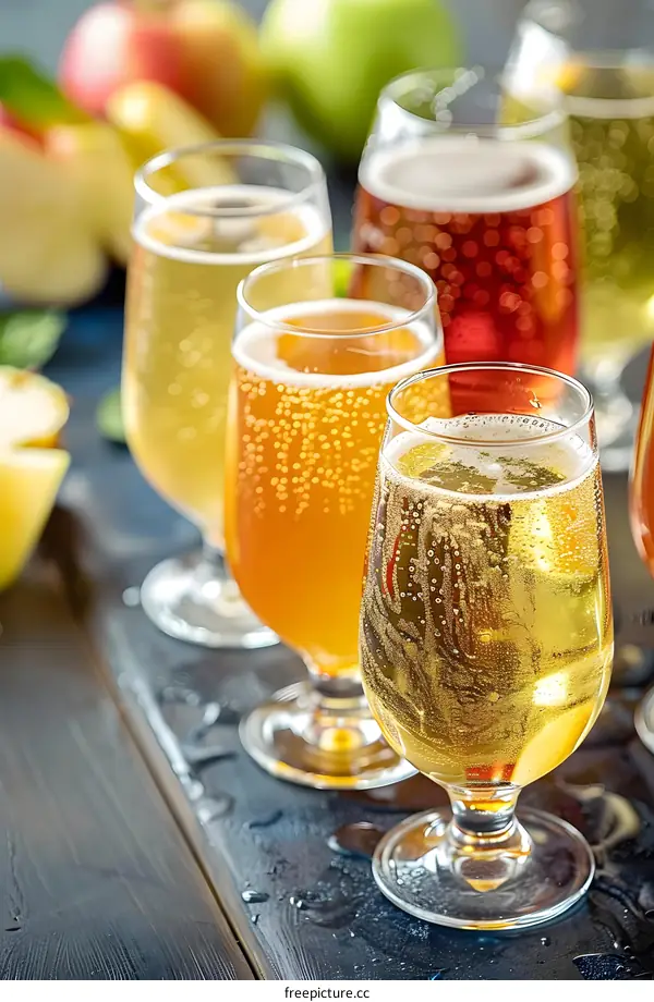 Variety of Apple Cider in Glasses on Wooden Table