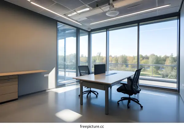 Modern Office Interior with Large Windows and Desk