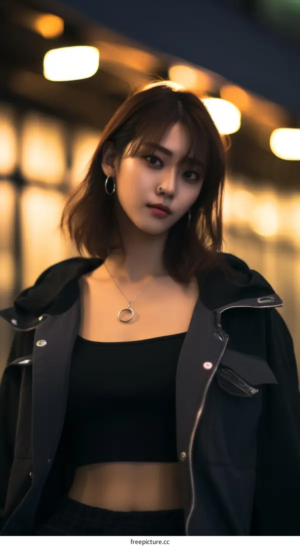Portrait of a young woman with short hair and a nose ring wearing a black jacket and crop top